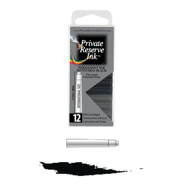 Permanent Ink Invincible Black Standard International Ink Cartridges [12 per pack] by Private Reserve Ink®/Yafa Brands®
